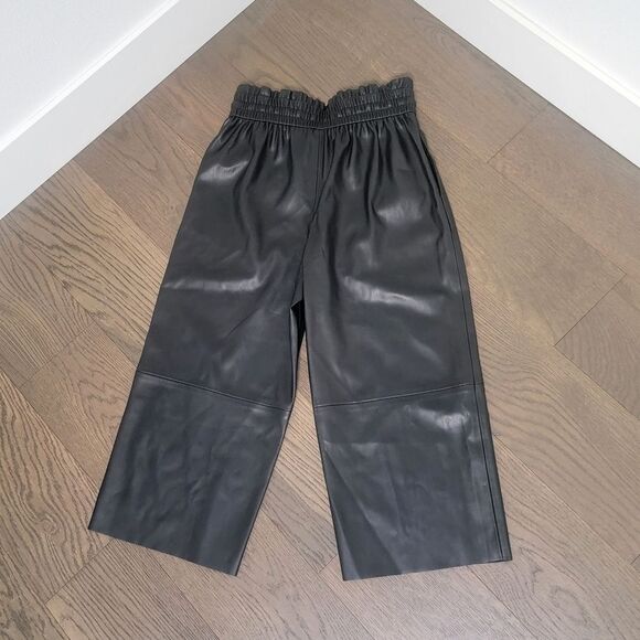🆕 Zara Faux Leather Wide Pleated Elastic Belted Waist Culottes in Black - Picture 8 of 11